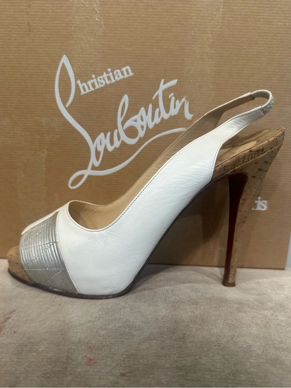 Christian Louboutin White and Silver Peep-Toe Slingback Heel